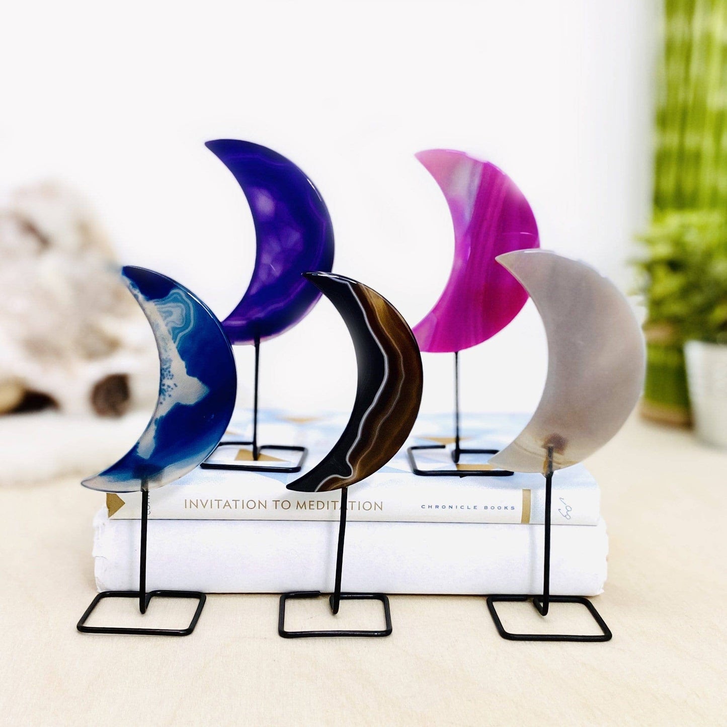 Carved Agate Stone on Metal Stand Crystal Moons Hearts