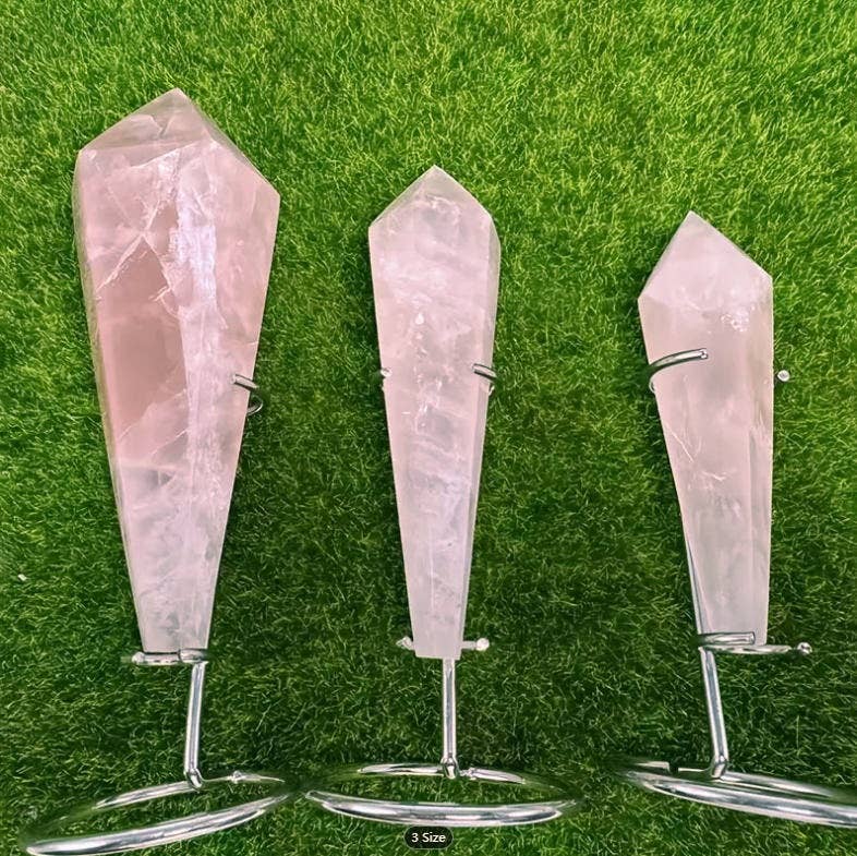 Natural Rose Quartz Scepter with Stand – 3 Sizes (3.9"–6.3")