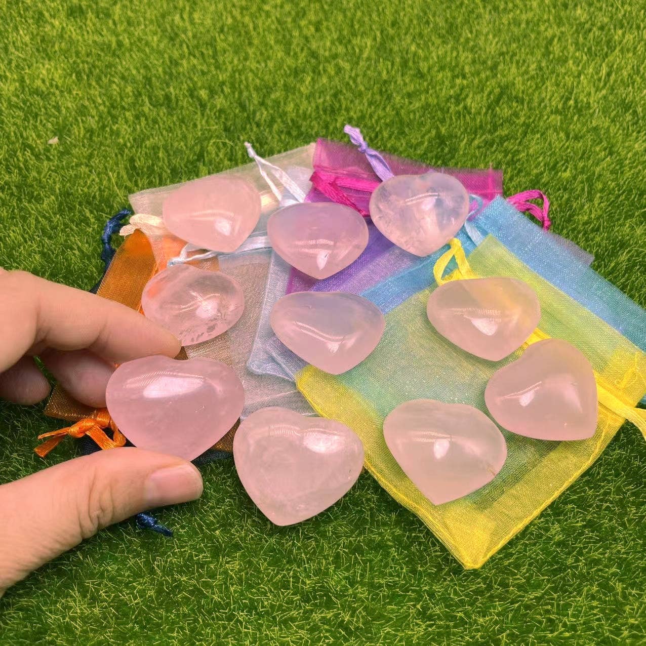 10 Pc Rose Quartz Heart with Gift Bag & Handmade Card 2 Size