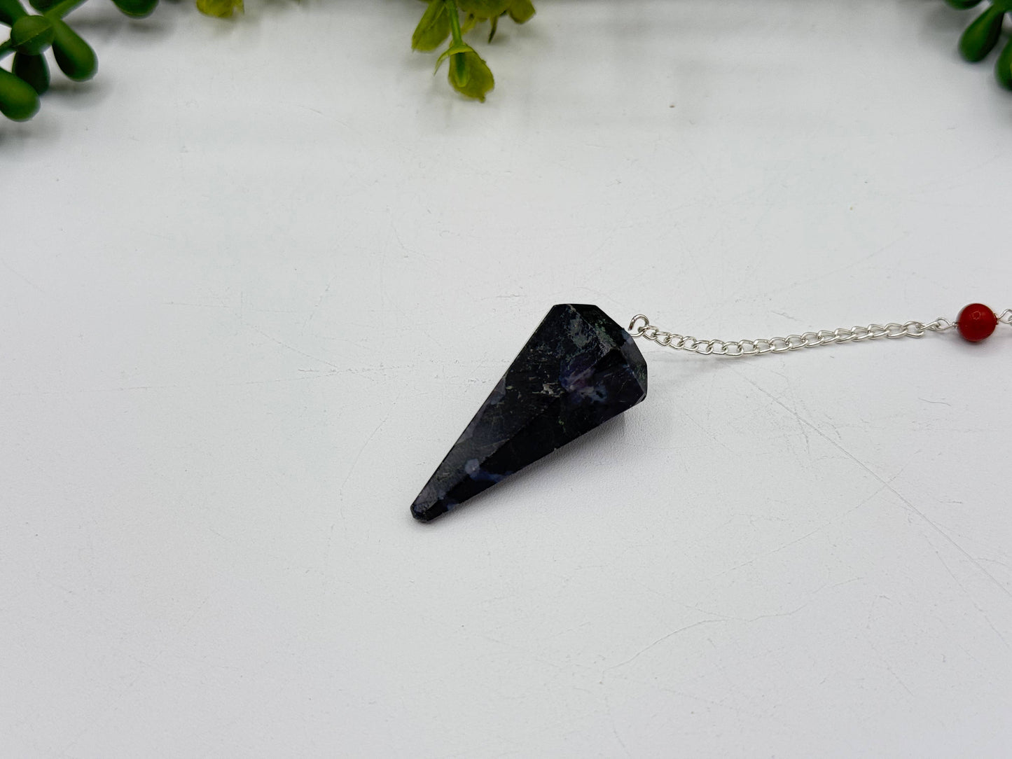 Indigo Gabbro Pendulum w/Chakra Beads-Silver Plate Chain