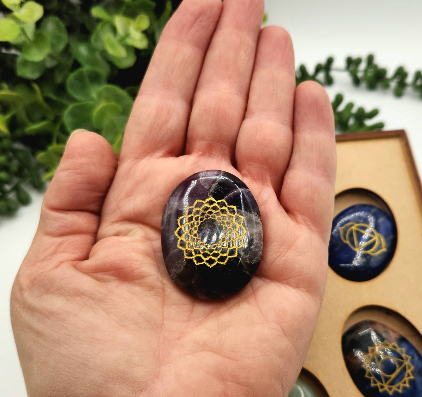 Chakra Crystal Set-Palmstone Shape-Yoga/Meditation Box-Wood