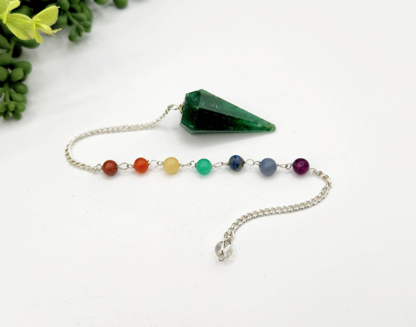 Jade Pendulum w/Chakra Beads-Silver Plate Chain