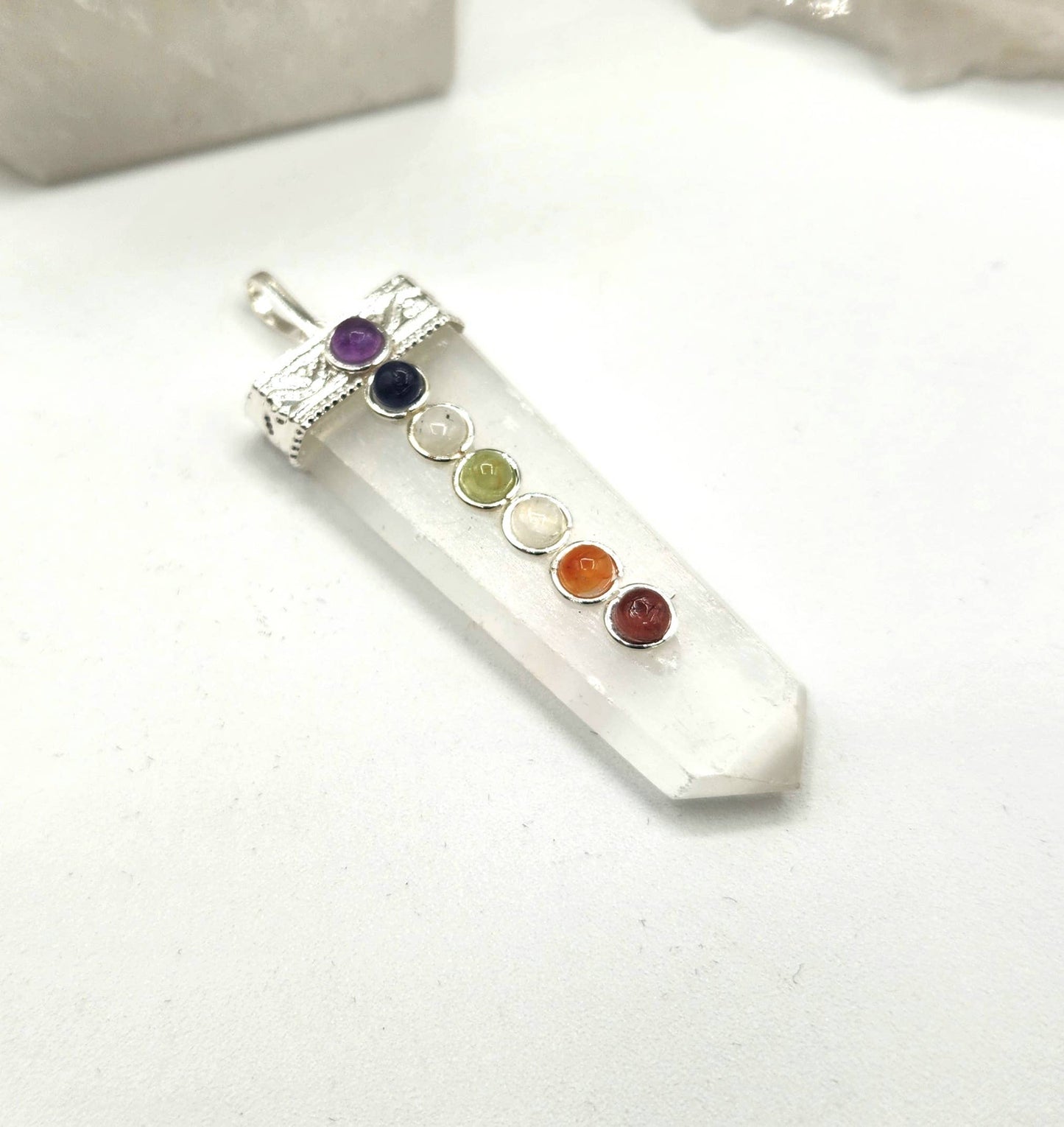 Selenite Flat Gemstone Pendant w/Chakra Stones Silver Color