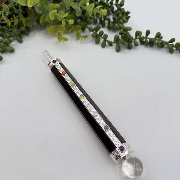 Black Tourmaline Chakra Massage Wand with clear quartz Point