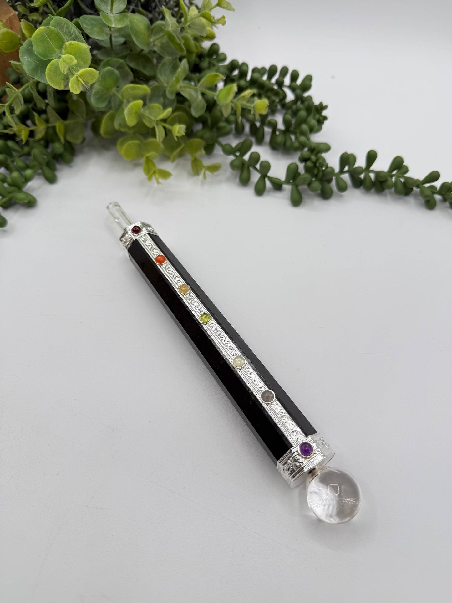 Black Tourmaline Chakra Massage Wand with clear quartz Point
