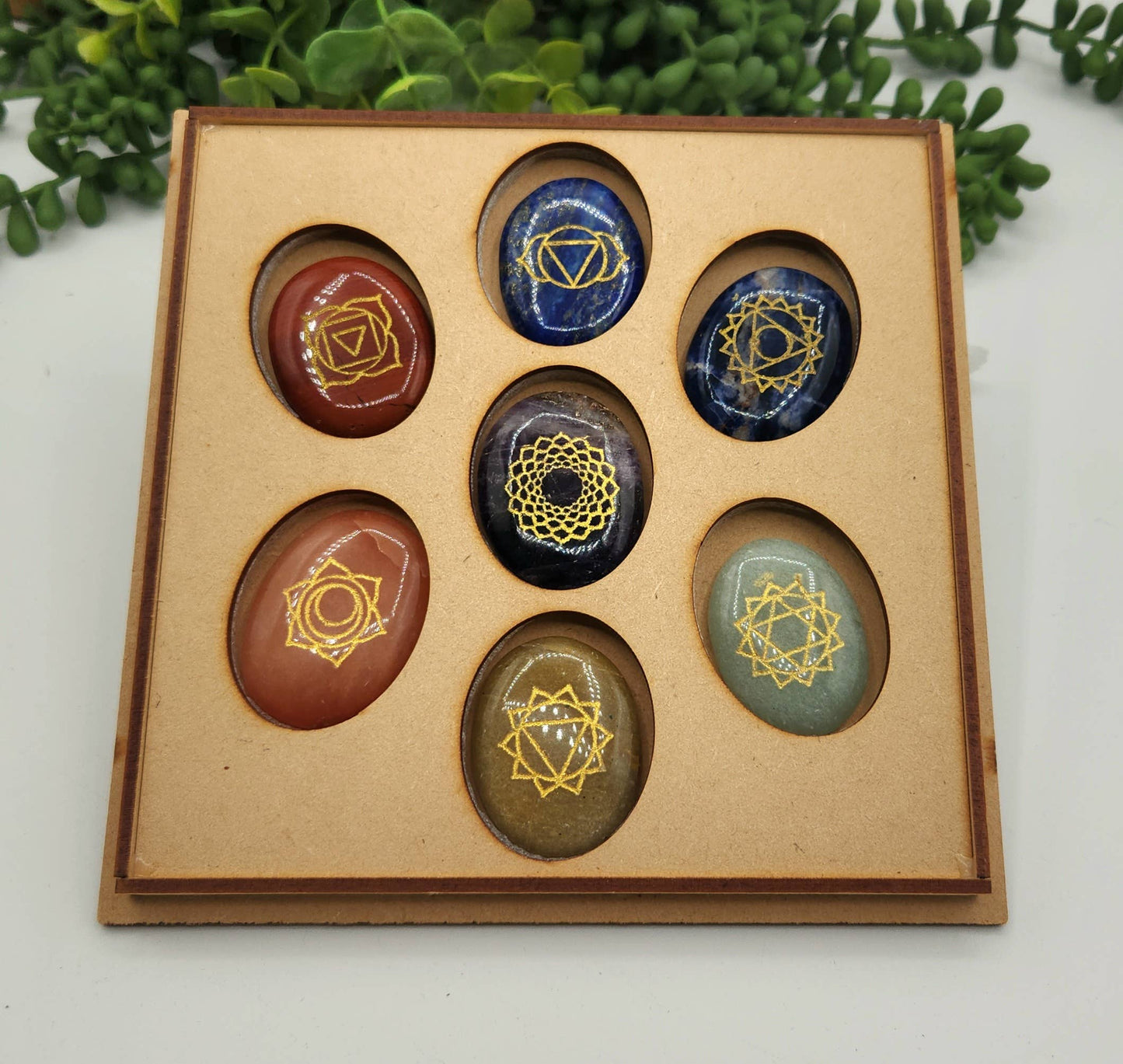 Chakra Crystal Set-Palmstone Shape-Yoga/Meditation Box-Wood
